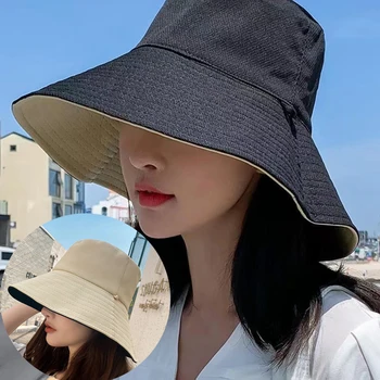 Летняя женская шляпа-ведро Двусторонняя складная шляпа от солнца с большими полями для девочек Женская кепка рыбака на открытом воздухе