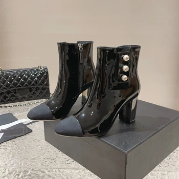 Новая обувь для женщин Размер34-41 Сапоги из натуральной кожи Высокие каблуки Жемчуг Ботильоны Лакированная кожа Дизайнерская обувь Zapatillas Mujer