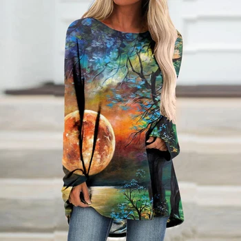 Модная женская футболка с длинным рукавом и природными пейзажами для женщин и девочек осенне-зимняя футболка с осенне-зимней одеждой 3D-печать с круглым вырезом Топ-футболки