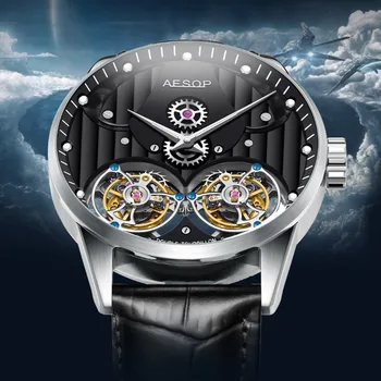AESOP Мужские роскошные механические часы с двойным турбийоном Сапфировое зеркало Светящиеся деловые кожаные наручные часы