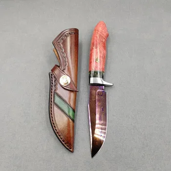 Красочный дамасская сталь с фиксированным лезвием нож Охота Кемпинг Открытый джунгли Выживание Прямой нож с кожаными ножнами Подарок