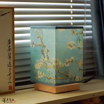 Японская квадратная настольная лампа из массива дерева Новая китайская прикроватная лампа в стиле ретро дзен для спальни ночник теплый свет с регулируемой яркостью светодиод