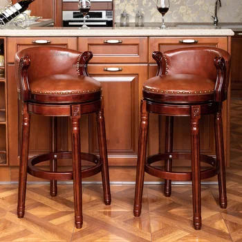 Европейский стиль Массив дерева Гостиная Барный стул Домашняя мебель Спинка Барный стул с высокими ножками Вращающиеся кожаные барные стулья