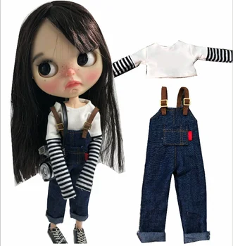 2pcs/компл. Doll's Blyth Одежда Полосатая Футболка + Джинсовые Нагрудники Брюки для 1/6 Куклы Одежда Аксессуары (fit Blyth,Azones O24 1/6 Dolls)