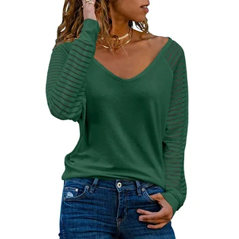  Новые осенние женские футболки Сплошной цвет V-образным вырезом Полые полосы зеленый С длинным рукавом Свободная эстетическая женская осенняя одежда
