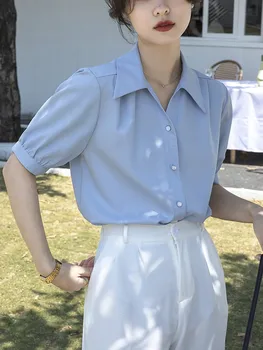 Летняя шифоновая рубашка Женщины Отложной воротник Однобортная пузырьковая блузка с короткими рукавами Корея Повседневная мода Однотонная футболка