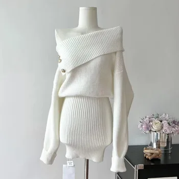 новый элегантный свитер корейский вязаный с открытыми плечами винтажный осенний сексуальный платье с высокой талией мини-платья облегающее шик женская одежда