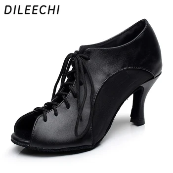 DILEECHI Натуральная кожа воловья кожа латиноамериканские танцевальные туфли взрослый женский на высоком каблуке на шнуровке танцевальные сандалии черный