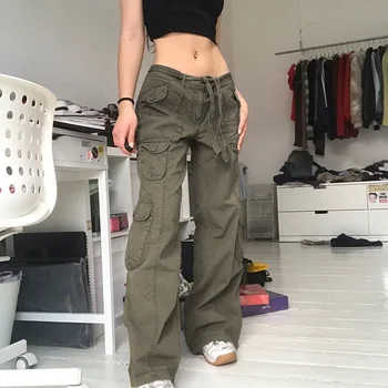 Женские брюки-карго прямые оверсайз Harajuku Винтажные эстетические брюки с низкой талией 90-х годов Широкие мешковатые джинсы High Street Y2K