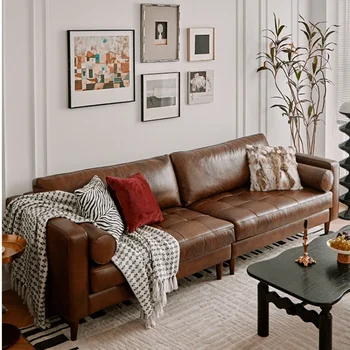 Кожаный диван в стиле ретро Средний античный стиль Первый слой из воловьей кожи Коричневый Прямой диван для гостиной Новый