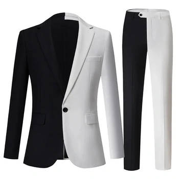 Модный элегантный мужской деловой черно-белый контрастный цвет костюм / мужской тонкий сценический вечеринка 2 шт. Блейзеры Куртка Брюки Комплекты