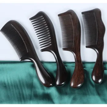Деревянная расческа для прямых вьющихся густых волос антистатическая расческа из черного сандалового дерева с широкими мелкими зубьями для женщин и мужчин