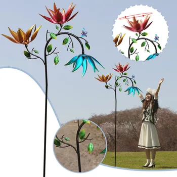 Металлический ветровой спиннер с тремя вращающимися цветами и бабочками Ветряная мельница Вращающийся сад Газон Декор для вечеринки1