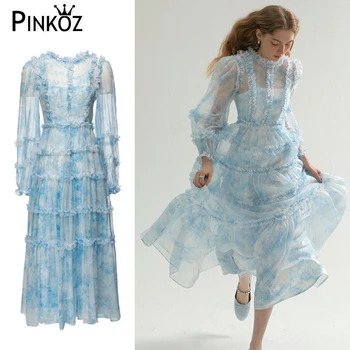 Pinkoz подиум дизайнер роскошный миди синий цветочный узор платье с круглым вырезом и рюшами с длинным рукавом пэчворк вечеринка ночные платья