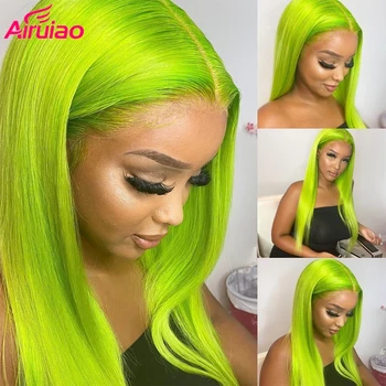  Цветной зеленый 13x4 HD Прозрачный кружевной передний парик из натуральных волос Прямые бразильские предварительно выщипанные кружевные фронтальные 360 полные парики для женщин
