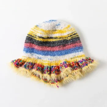 Новая ретро радужная полосатая масляная живопись в стиле шерстяная шапка с оборками по краям, крутая рыбацкая шляпа, осенне-зимняя женская модная шляпа