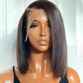 Бразильские прямые волосы Короткий боб Парик с натуральными волосами Черные женщины Фронтальный кружевной парик Парик с натуральными волосами 180% плотность прямые человеческие парики