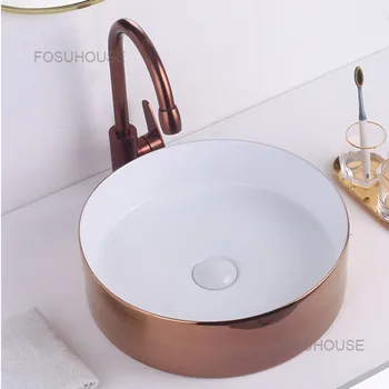 Бытовые круглые раковины для ванной комнаты Умывальник Nordic Ceramic Золотой светильник для ванной комнаты Светлые роскошные раковины для мытья Маленький умывальник