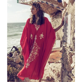 2023 Красный богемный цветочный вышитый свободный летний пляжный платье марокканский кафтан больших размеров женское уличное платье миди Саронг N855
