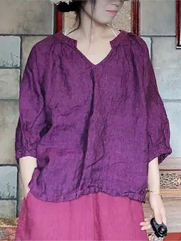 Johnature Льняные женские винтажные рубашки с V-образным вырезом Фиолетовые топы Блузки с половиной рукава 2023 Весна Новые свободные ретро Всематчевые рубашки