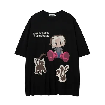 Kawaii Мультяшный принт Женская одежда Ретро Y2K Взрывные футболки Хип-хоп Пара Свободные хлопковые топы оверсайз с половиной рукава НОВИНКА