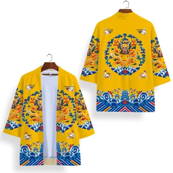 Мужчины Кардиган Рубашка Азиатская уличная одежда Халат Китайский стиль Желтый Дракон Принт Кимоно Харакудзю Самурай Костюм Хаори Юката