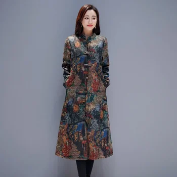 2020 Осень-зима Женские парки Китайский стиль Cheongsam Длинное пальто Женская куртка Большие размеры Толстое теплое хлопковое пальто Верхняя одежда 11708