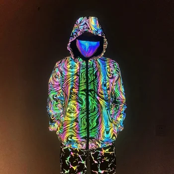 3D Геометрический узор Красочный светоотражающий Kintted Куртка Мужчины Эластичный дышащий хип-хоп бомбер Креативные светоизлучающие куртки