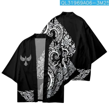 Летний цветочный орел с принтом черный повседневный женский мужской уличный кимоно японские пляжные шорты юката харадзюку кардиган