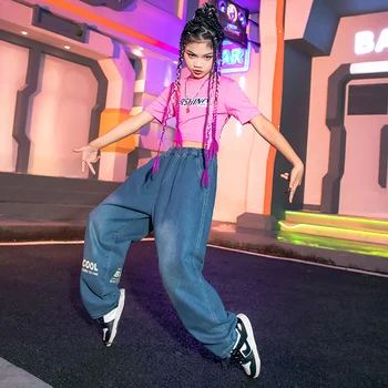  Дети Подростковая сценическая одежда Наряды Хип-хоп одежда Розовая укороченная футболка Повседневные джинсовые брюки для девочек Джаз Танцевальные костюмы Одежда